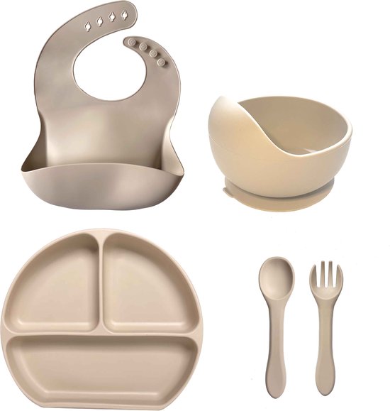 Service de table 5 pièces bébé et enfant Beige - Service de vaisselle en silicone - Service de table bébé - Sans BPA