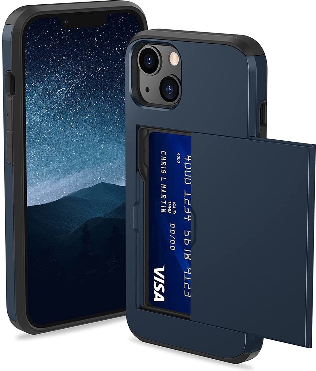 ShieldCase telefoonhoesje geschikt voor Apple iPhone 15 Kaarthouder case met slider - hoesje met ruimte voor pasjes - pasjeshouder - hardcase - donkerblauw