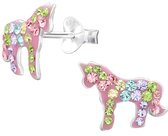 Joy|S - Zilveren paard oorbellen - 12 x 9.5 mm - roze met gekleurde kristalletjes - eenhoorn / unicorn kinderoorbellen