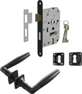 Zwarte deurklink met slot, sleutelplaatjes en binnenwerk