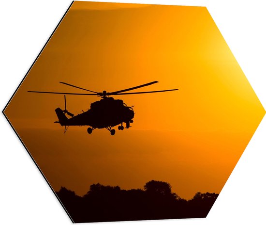 Dibond Hexagon - Helikopter - Vliegen - Rotor - Uitzicht - 60x52.2 cm Foto op Hexagon (Met Ophangsysteem)