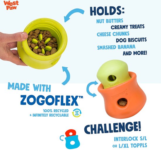 Gele Zogoflex Toppl gevuld met hondenvoer, naast een in elkaar gepast groen en oranje speeltje. Gemaakt van 100% gerecycled Zogoflex.