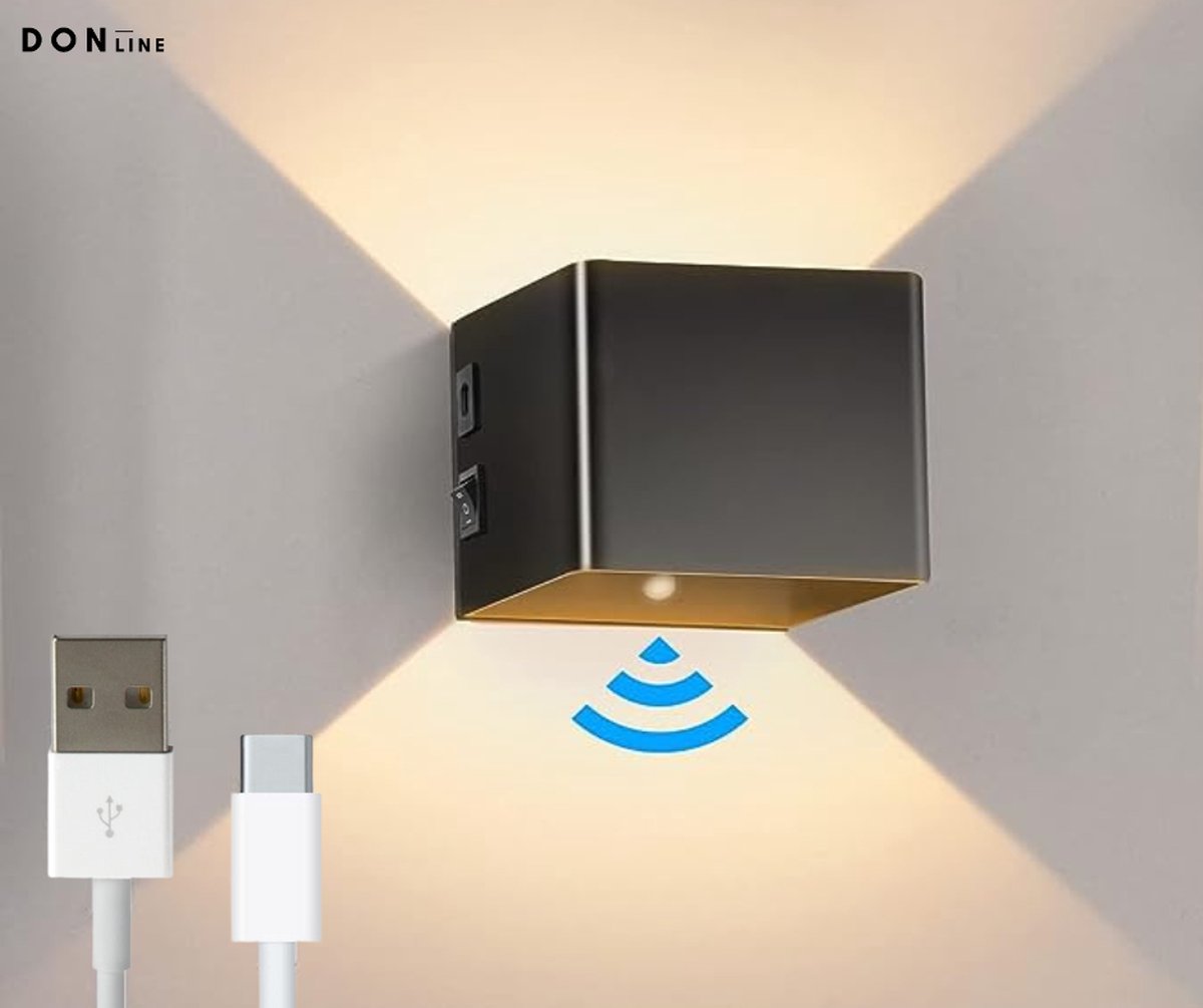 Wandlamp met Bewegingssensor - Oplaadbaar met USB-C - Warm Wit (3000K) - Scandinavisch Design - Draadloze wandlamp - LED verlichting - Up & Down kubus wandlamp - Magnetische Bevestiging