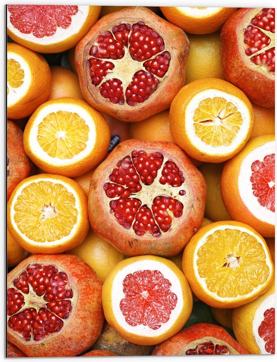 Dibond - Fruit - Gesneden - Sinaasappel - Granaatappel - Grapefruit - 60x80 cm Foto op Aluminium (Wanddecoratie van metaal)