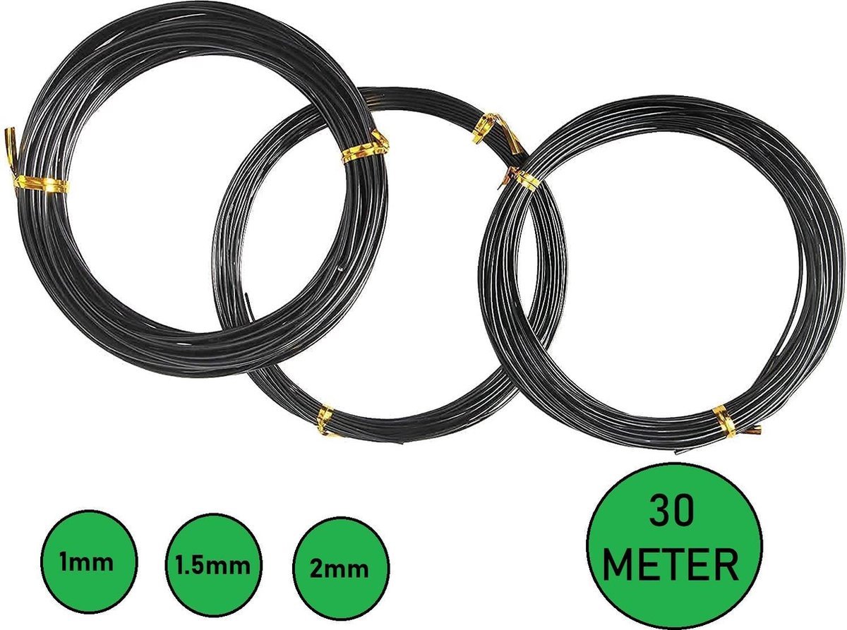 CHPN - Binddraad - Bonsaidraad - 3x 10M - Boom Trainingsdraden - Zwarte Bonsai Draad - Craft Aluminium Draad Tuindraad 1,0mm/1,5mm/2,0mm - Universeel - Tuinieren - Tuinaccessoires
