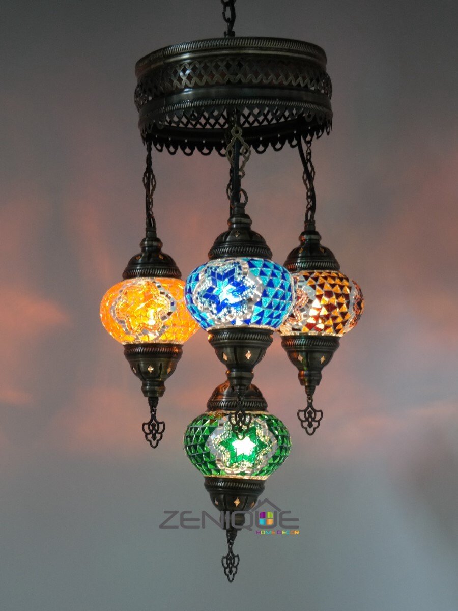 Turkse Lamp - Hanglamp - Mozaïek Lamp - Marokkaanse Lamp - Oosters Lamp - ZENIQUE - Authentiek - Handgemaakt - Kroonluchter - All Colours - 4 bollen