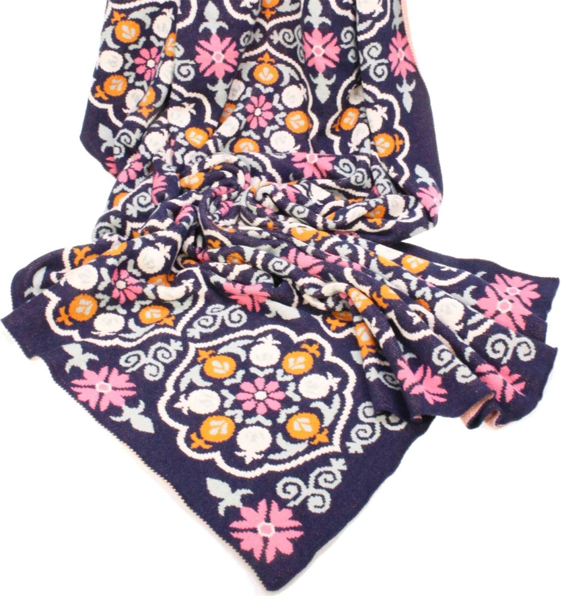 Throw gebreid Bloemen blauw/roze 100% katoen 125x150cm