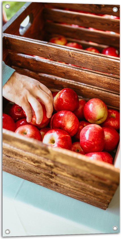 Tuinposter – Krat - Fruit - Appels - Hand - Hout - 50x100 cm Foto op Tuinposter (wanddecoratie voor buiten en binnen)