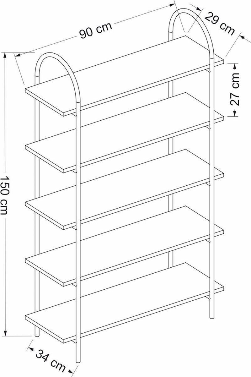 Boekenkast Plank Lizbeth - 150x90x34 cm - Zwart en Houtkleurig - Spaanplaat en Metaal - Modern Design