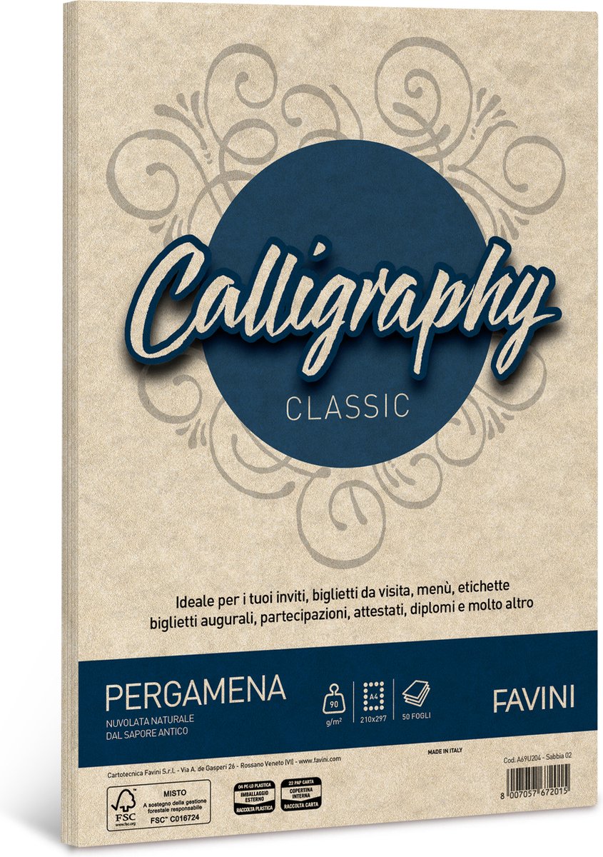Favini® – 50 Vel Perkamentpapier A4 – Zandkleurig – 90 g/m² – Voor Inkjetprinter – FSC – Pergamena Calligraphy Sabbia – Gemaakt in Italië