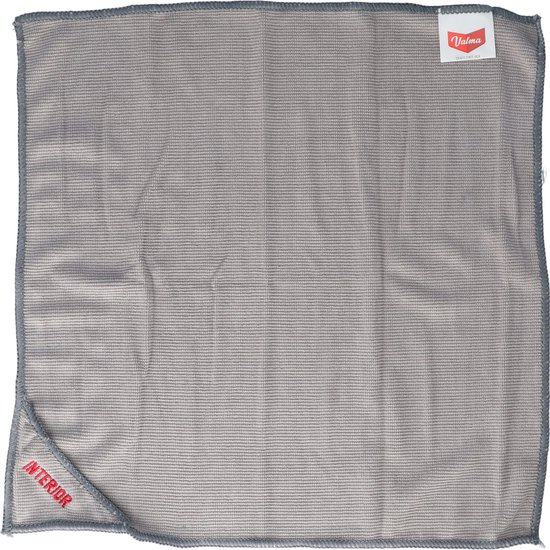 Chiffon microfibre gris, 40x40cm, avec texte 'INTERIOR' sur le coin. Le chiffon est plié.