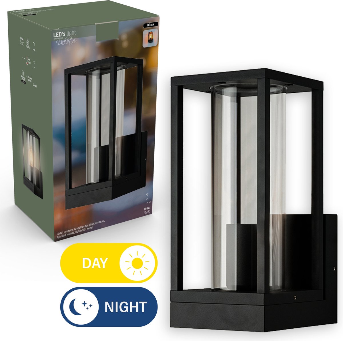 Senso LED Wandlamp buiten glas met nachtsensor - Automatische lichtschakeling - Zwart