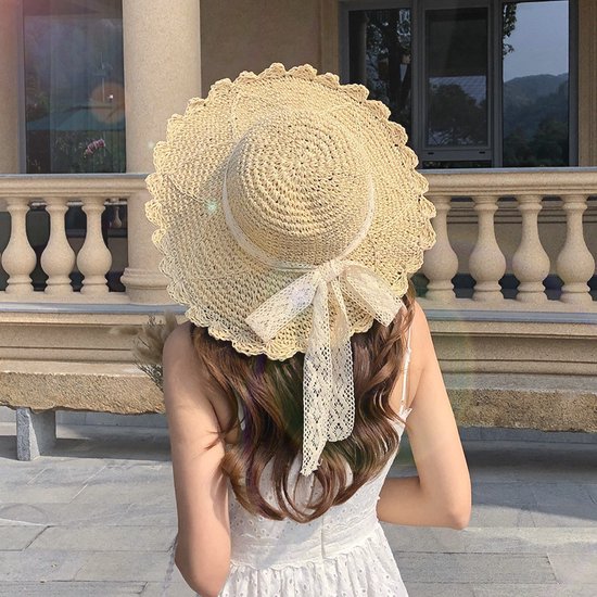 Chapeau de plage pour femme avec ruban décoratif - Crème - Taille 56 - Chapeau d'été