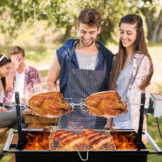 UISEBRT BBQ grillspies met motor 220-240V, roestvrij staal draaispies voor gasgrill en rotisserie, incl. 4x vleespennen, 107cm