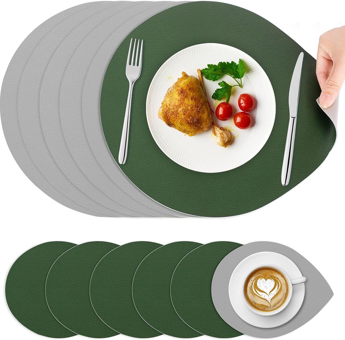 Placemats Afwasbaar Set van 6 Stuks, Leer Afwasbaar Lederlook Kunstleer Waterdicht, PU-placemat, Placemats en Onderzetters voor keuken Eettafel, 43 x 34 cm, groen en grijs