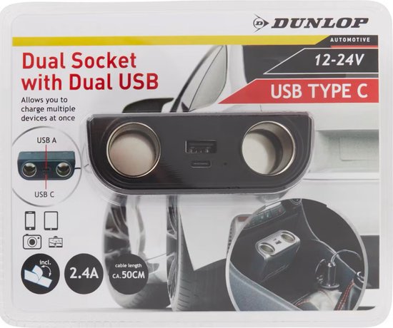 Dunlop - 12-24 Volt - Autolader - Splitter - Dual Lader - 2 x input - Dunlop
