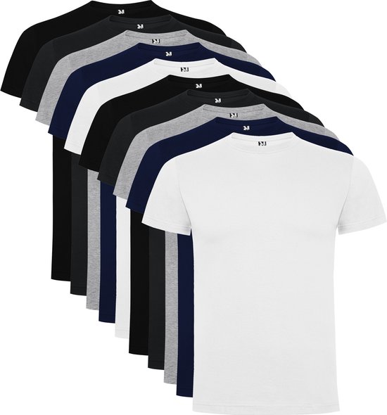 10 Pack Roly Dogo Premium Heren T-Shirt 100% katoen Ronde hals Zwart, Donker Blauw, Donker Grijs / Lichtgrijs gemeleerd, wit Maat 2XL