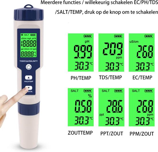 YINMIK pH Zoutmeter 5 in 1 pH TDS EC Zoutgehalte Tester voor Pool Spa Aquarium Hydrocultuur Zoutwater Digitale pH en PPM Tester voor Huishoudelijk Drinkwater Hot Tub Thuis Brouwen Fish Tank