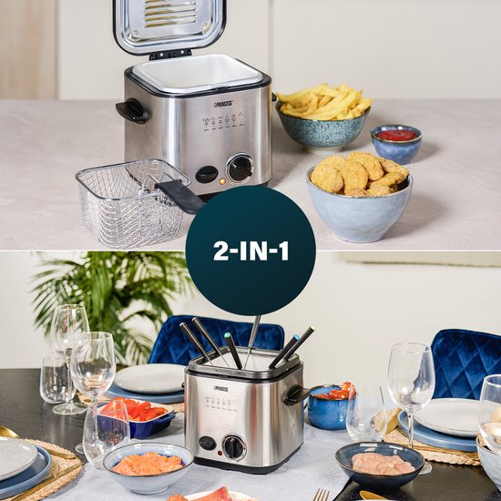 Bovenaan: RVS frituurpan met frietjes. Onderaan: RVS fonduepan met vlees en groenten.