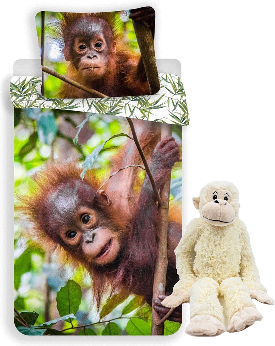 Dekbedovertrek Orang Oetan Baby- 140x200 cm- katoen- incl. knuffel slingeraap 70/90 cm