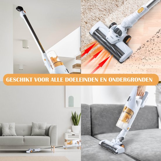 Witte en oranje steelstofzuiger, gebruikt op trap, vloer en bank. Geschikt voor alle ondergronden.