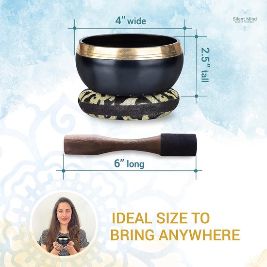 Tibetaanse klankschaal, mooie designs, met klopper en kussen, ideaal voor meditatie, ontspanning, stress en angstreductie, yoga, zen, perfect cadeau, zwart — afbeelding 5