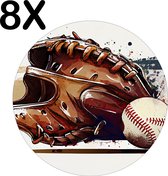 BWK Stevige Ronde Placemat - Getekende Honkbal met Handschoen - Set van 8 Placemats - 50x50 cm - 1 mm dik Polystyreen - Afneembaar