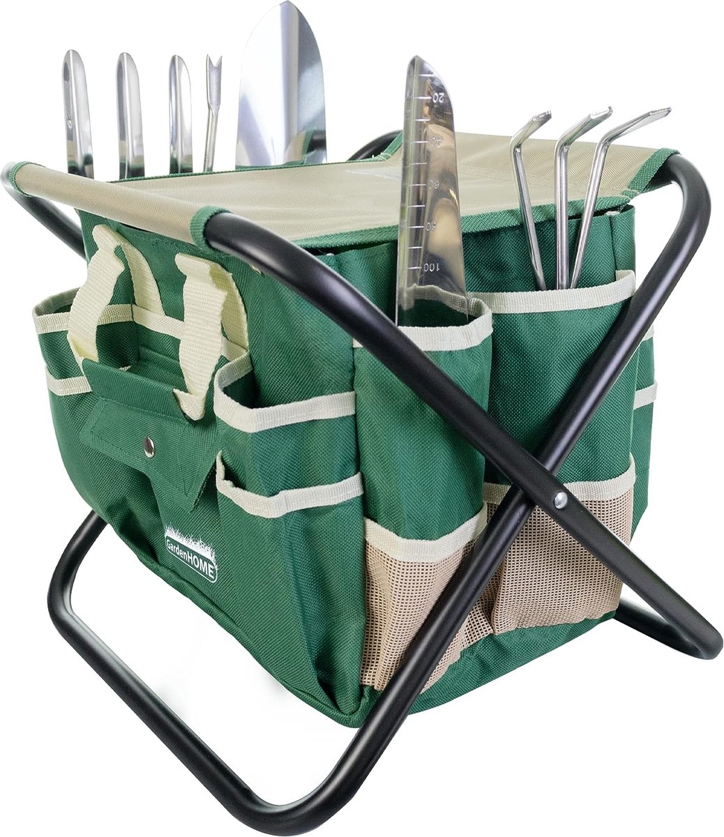 7-delige Tuinset met Vouwbare Kruk en Gereedschap Organizer