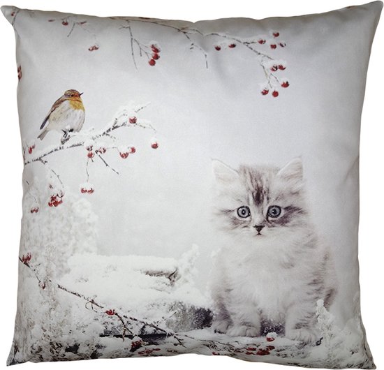 Clayre & Eef Kussenhoes 45x45 cm Wit Polyester Kat Sierkussenhoes