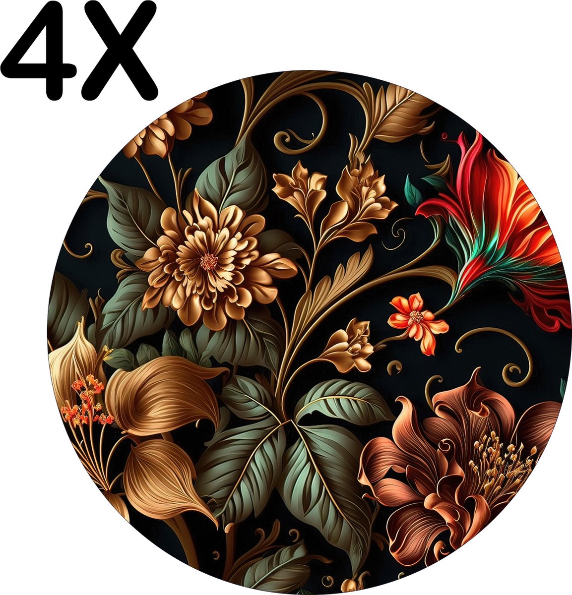 BWK Luxe Ronde Placemat - Prachtige Bloemen Kunst - Set van 4 Placemats - 50x50 cm - 2 mm dik Vinyl - Anti Slip - Afneembaar