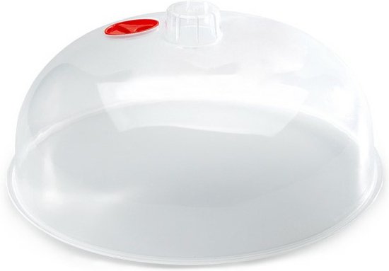 Transparant magnetrondeksel met rode ventileringsknop, 25 cm diameter.