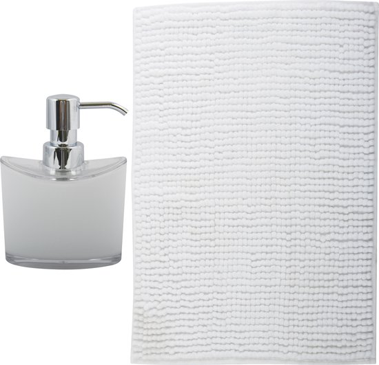 MSV badkamer droogloop mat/tapijt - Sienna - 90 x 60 cm - bijpassende kleur zeeppompje - wit