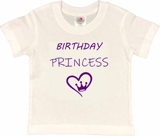 T-shirt Kinderen "Birthday Princess" | korte mouw | Wit/paars | maat 110/116 Verjaardag Meisjes Prinses