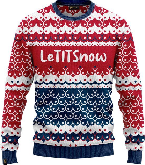 JAP Christmas Foute Kersttrui (maat L) - 100% Gerecycled - Kriebelt niet - Kerstcadeau volwassenen - Kersttrui dames en heren - LeTITSnow - Rood/Blauw