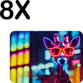 BWK Luxe Placemat - Giraf met Zonnebril in Neon Kleuren - Set van 8 Placemats - 40x30 cm - 2 mm dik Vinyl - Anti Slip - Afneembaar