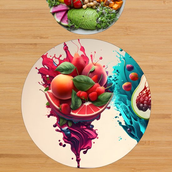 BWK Luxe Ronde Placemat - Fruit Splashes Art - Set van 4 Placemats - 40x40 cm - 2 mm dik Vinyl - Anti Slip - Afneembaar