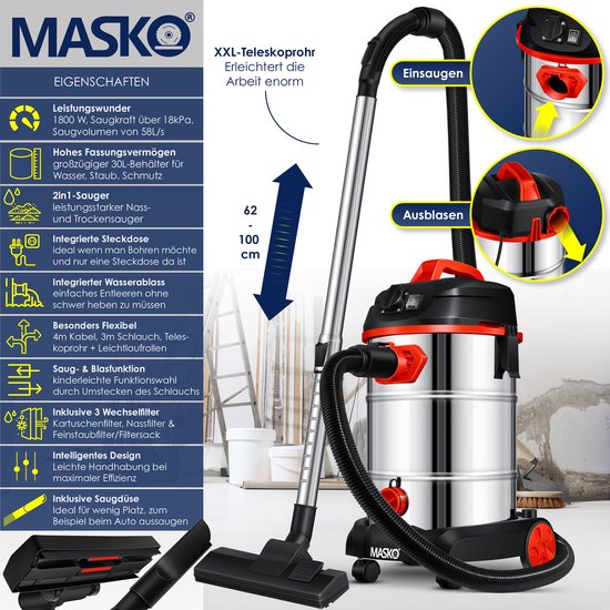 Gedetailleerde weergave van een rode en zilverkleurige MASK-stofzuiger met extra lange telescopische buis.