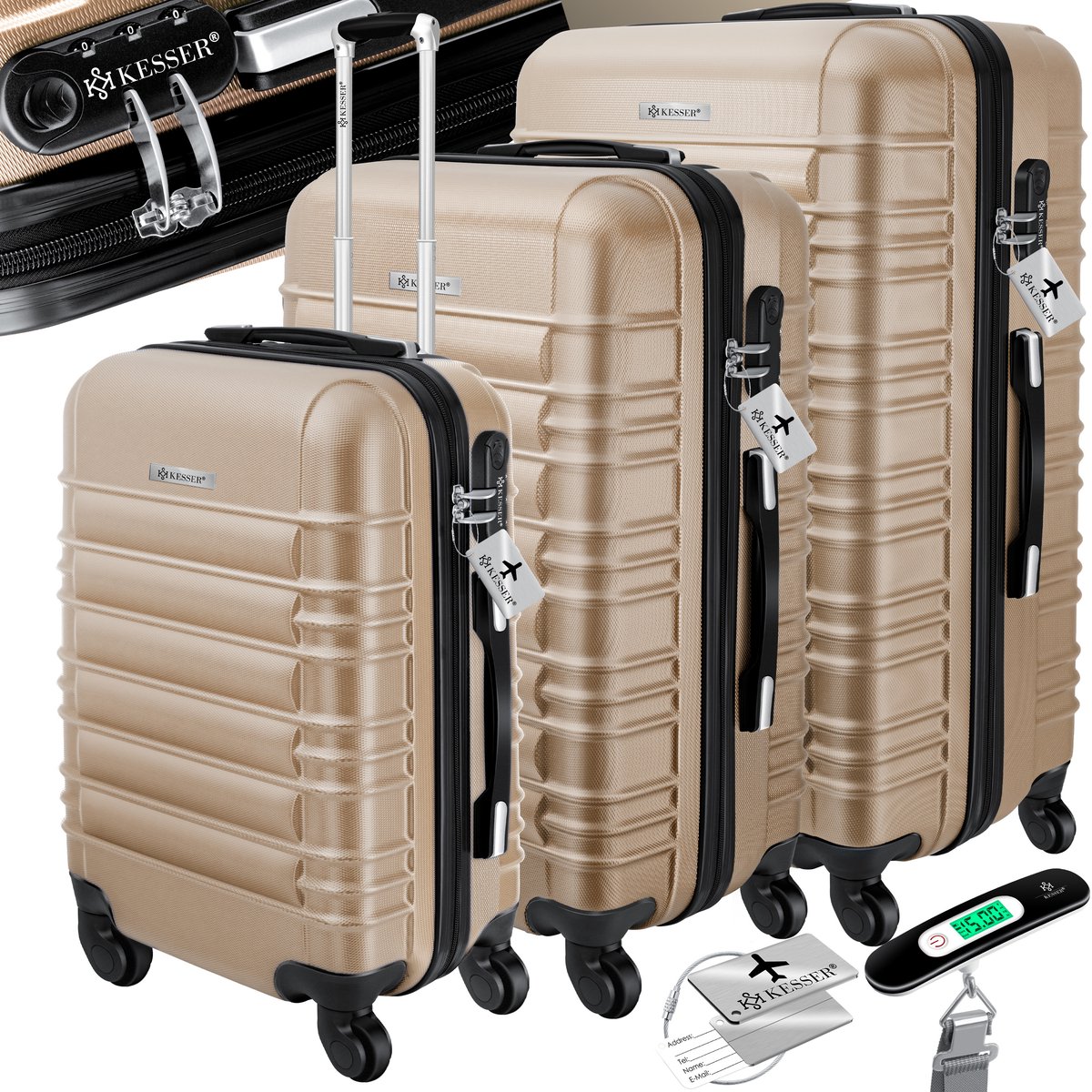 KESSER® 3x Koffer, reiskofferset, trolleykoffer harde kofferset incl. bagageweegschaal + bagagelabel rollend kofferslot 4 wielen ABS harde schaal telescopisch handvat M-L-XL - Champagne