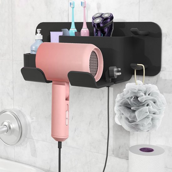 WIYETY Support Mural Sèche-Cheveux Sans Perçage – Acier Inoxydable Noir – Stable & Pratique Salle De Bain