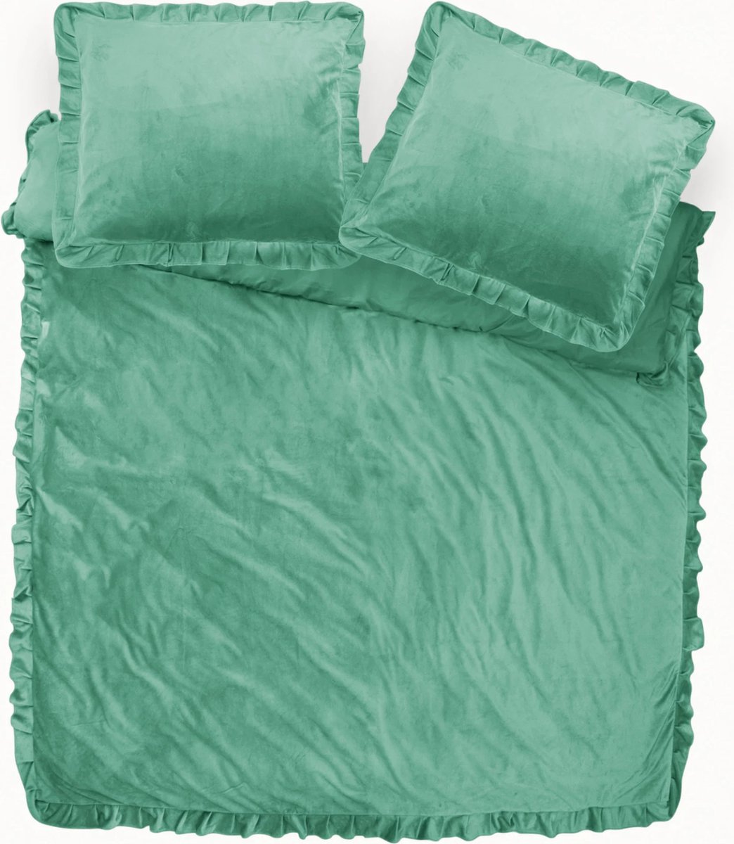 Fluweel zachte velvet dekbedovertrek ruches groen - 240x200/220 (lits-jumeaux) - super fijn slapen - stijlvolle uitstraling - luxe kwaliteit - met handige drukknopen