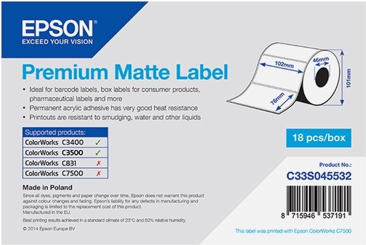 Premium Matte Label - Die-cut Roll: 102mm x 76mm, 440 labels