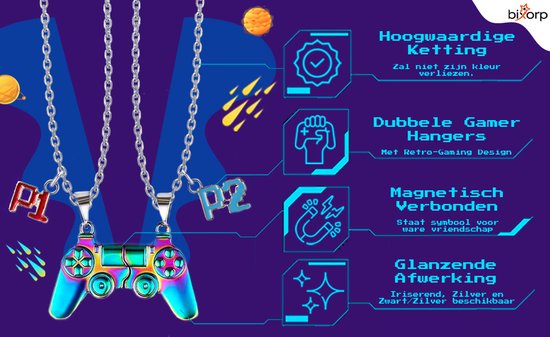 Dubbele gamer kettingen. Eén zilveren ketting met 'P1' en een halve witte controller. Eén zwarte ketting met 'P2' en een halve zwarte controller.