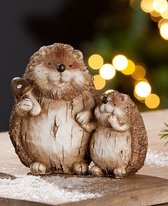 Egels paar met paddenstoel in poot 13,5 cm hoog - herfstfiguur - winterfiguur - beeld - decoratie voor binnen - interieurdecoratie - herfstcollectie - wintercollectie - geschenk - cadeau - gift - verjaardag - Kerst - Nieuwjaar