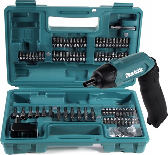 Open turquoise koffer met schroevendraaier en bits.