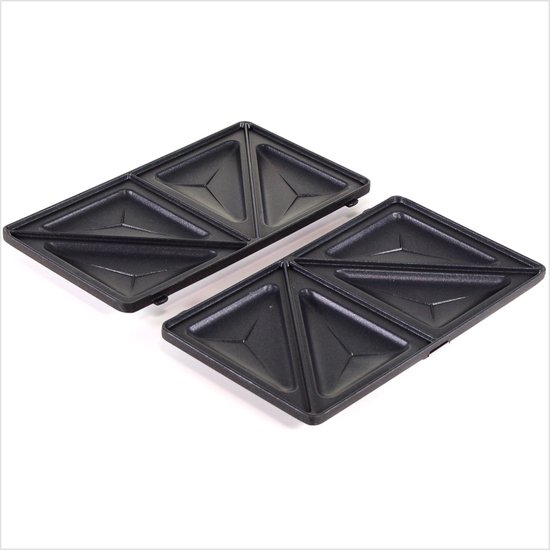 Twee zwarte sandwichplaten, elk met vier driehoekige vakken, schuin ingedeeld.