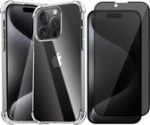 Hoesje geschikt voor iPhone 15 Pro Max - Privacy Screen Protector FullGuard - Back Cover Case ShockGuard Transparant & Screenprotector