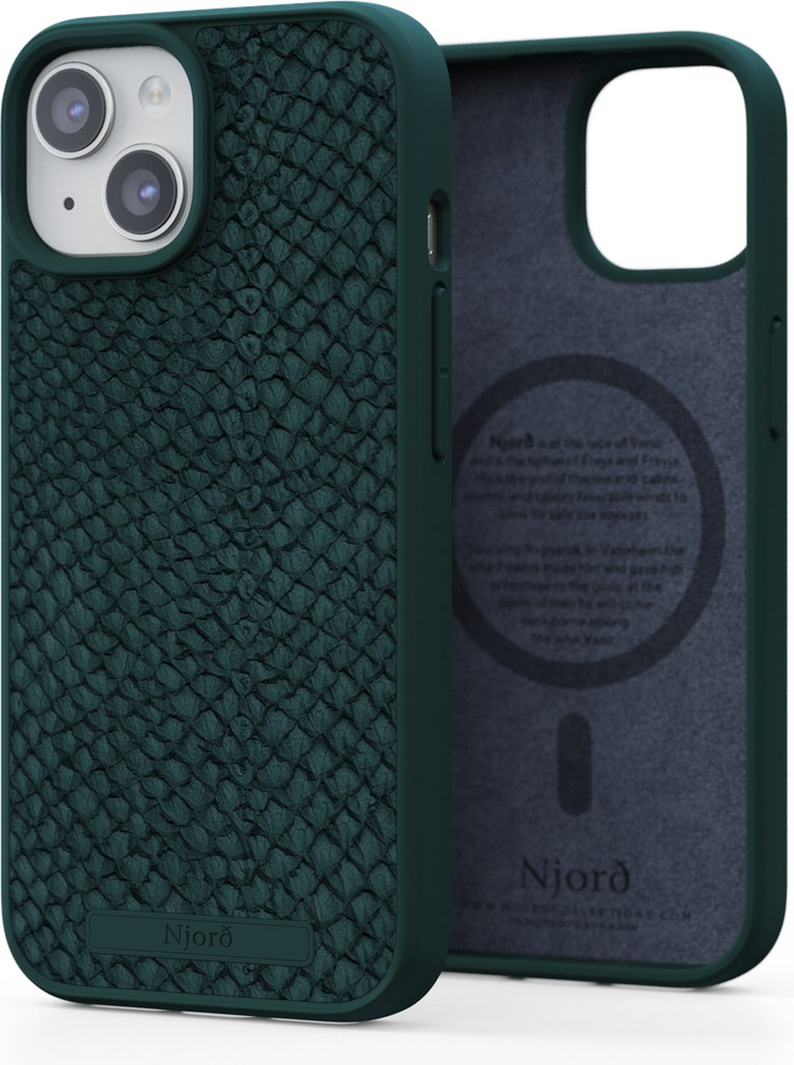 Njord Collections Zalm Leder Telefoonhoesje - Geschikt voor iPhone 15 - Gereycled / Duurzaam materiaal - 2 Meter valbescherming - Mag Compatible / Inclusief Magnetische Ring – Groen