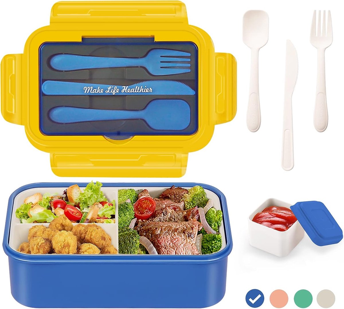 Lunchbox met 3 vakken - Blauw/geel - 1400 ml - Broodtrommel met bestek en extra bakje - Snackbox voor school, werk, picknick - Magnetron/vaatwasserbestendig