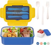 Boîte à lunch à 3 compartiments - Blauw/ jaune - 1400 ml - Boîte à lunch avec couverts et récipient supplémentaire - Boîte à goûter pour l'école, le travail, pique-nique - Passe au micro-ondes/lave-vaisselle