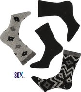 SOX superzachte warme fijne Noorse wollen sokken met dessin Zwart/Grijs en effen 4 PACK 37/42